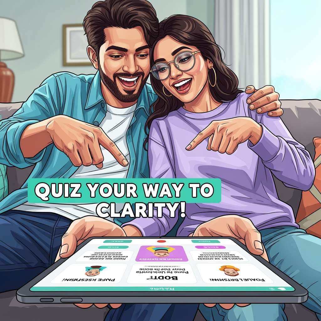 Indian couple using a fun relationship quiz app to understand commitment expectations playfully.