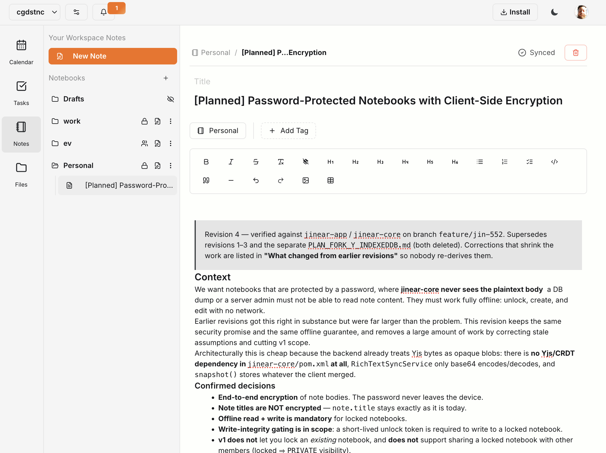 Notes and notebooks in Jinear