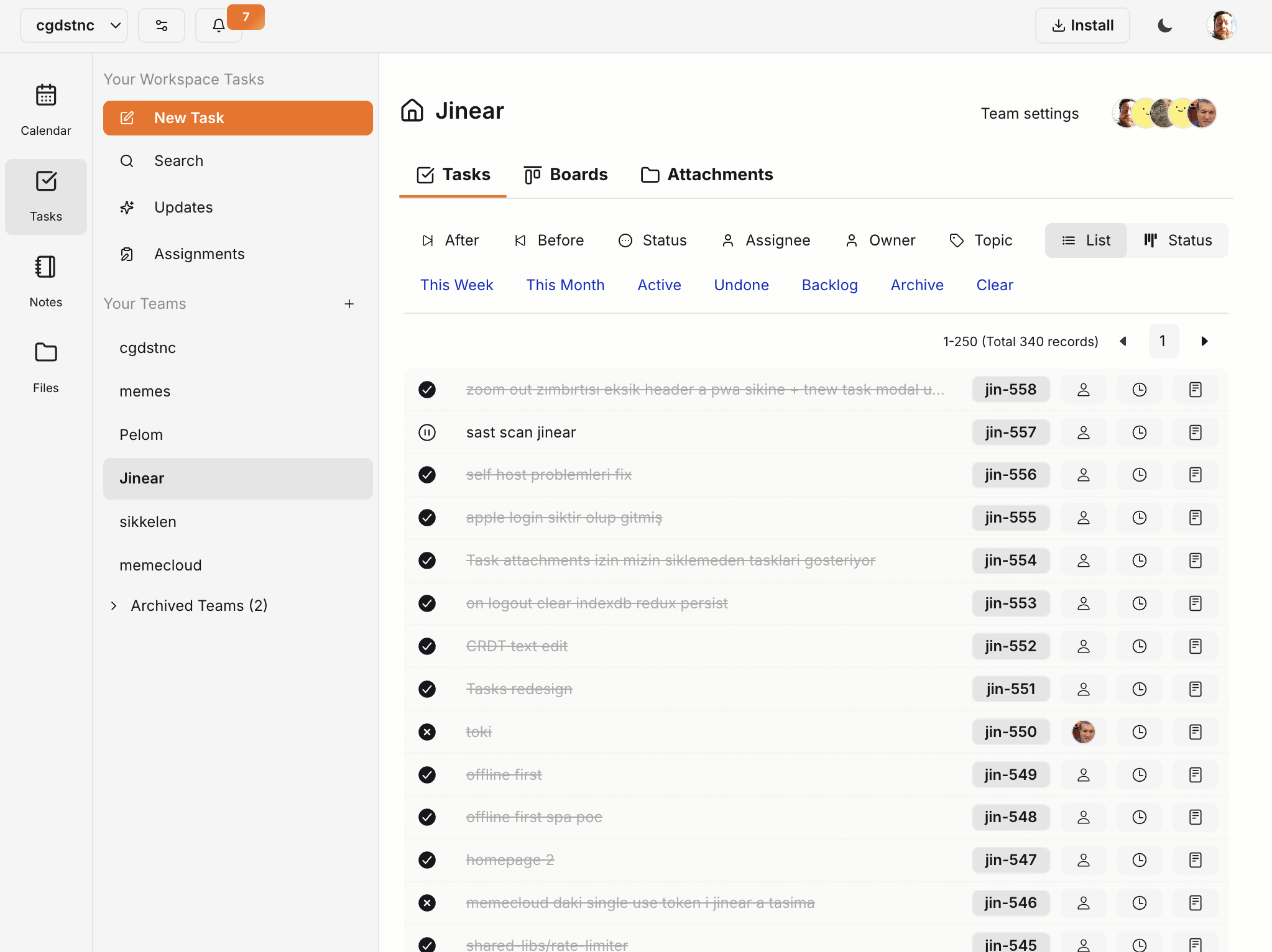 Tasks and boards in Jinear