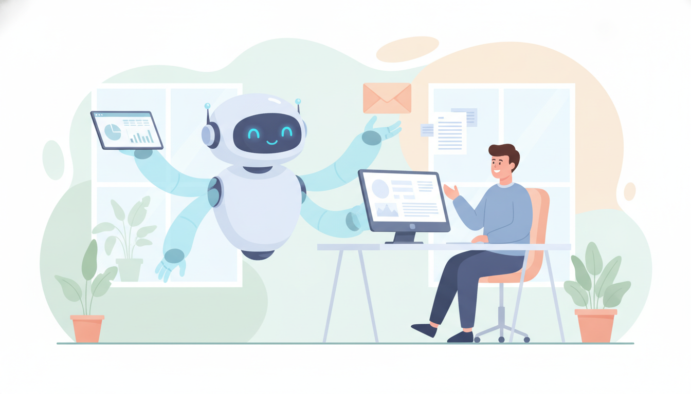 AI 에이전트는 목표를 받아 여러 단계를 이어서 처리해요. ai 에이전트 뜻을 설명하는 업무 처리 AI 일러스트