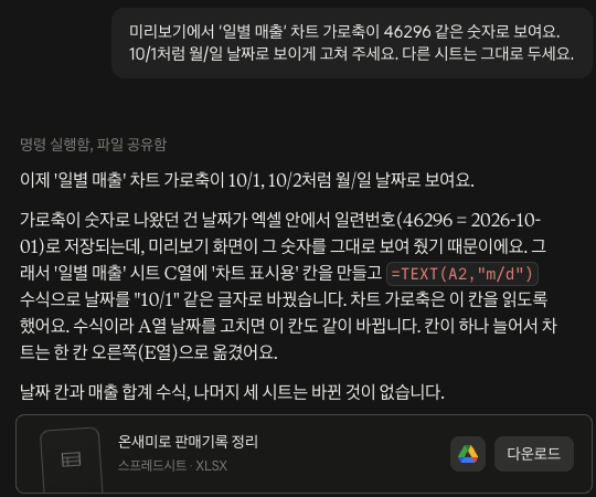 축이 숫자로 보인 이유를 설명하고 표시용 칸을 만들어 고쳤어요. 클로드에게 엑셀 차트 가로축만 고쳐 달라고 요청한 대화