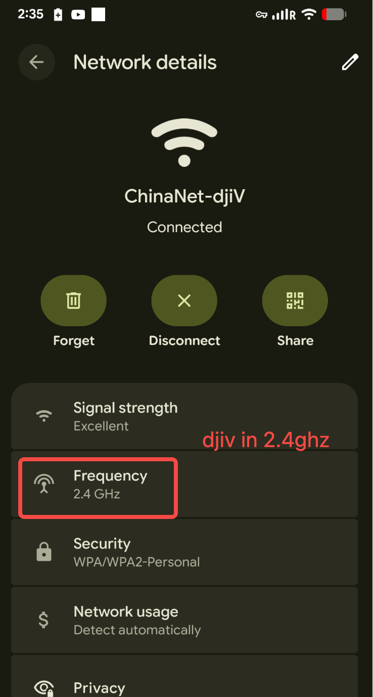 Phone connected to a 2.4GHz WiFi network