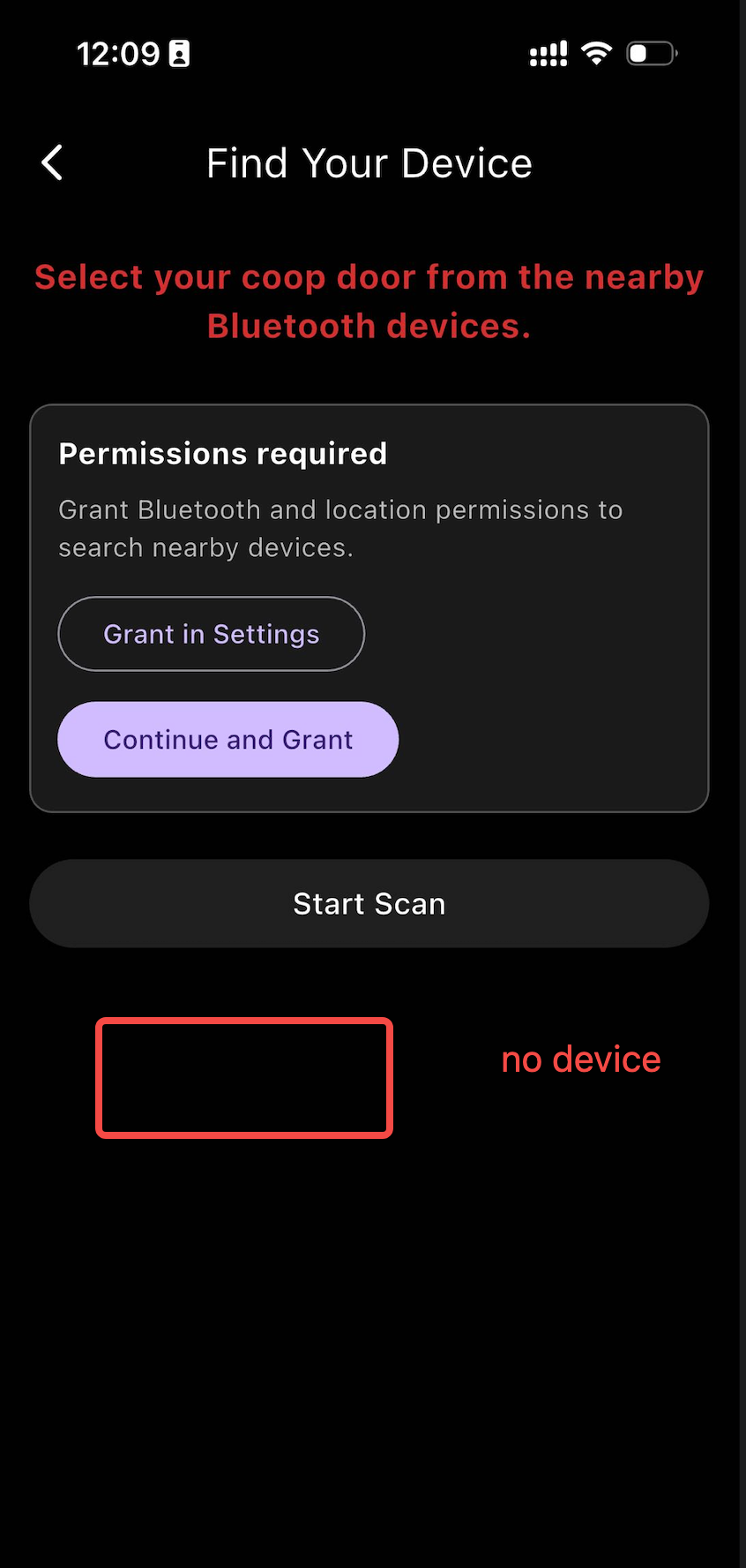 No Bluetooth device found example screen