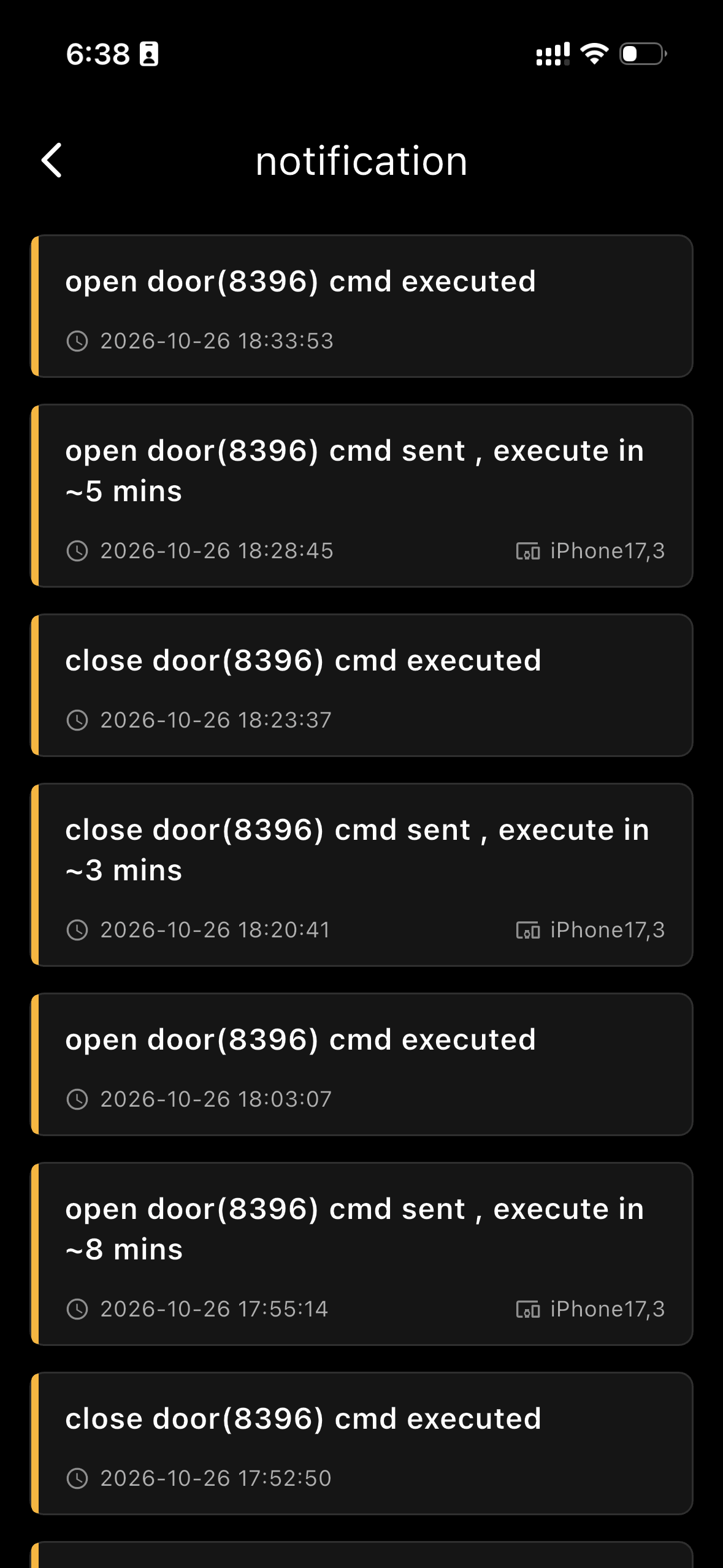 Door Logs showing that the open command completed