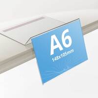 Suport etichete preț din plexiglas cu banda dubluadezivă, format A6 (105x148mm), 35grade.
