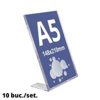 Suport meniu, Tip L, format A5 A5(148 x 210mm), din plastic transparent turnat, portrait