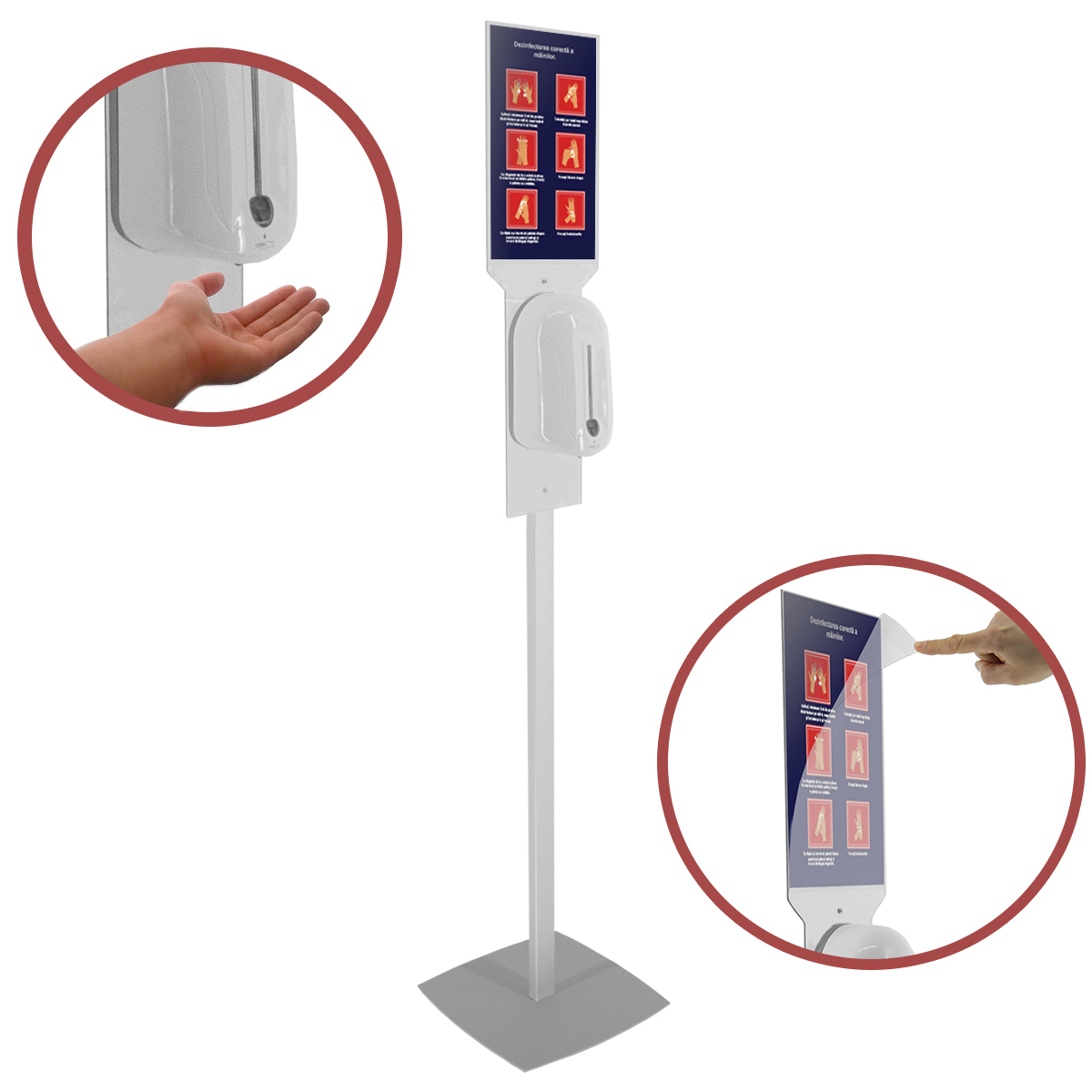 Stativ header cu dimensiunea A4 portrait și dozator automat pentru dezinfectare mâini, JJ DISPLAYS, dimensiuni la cerere
