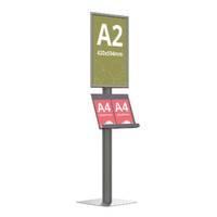Panou Informativ tip stand, format A2 (420x594mm), JJ Displays, ramă click și picior din profil SL aluminiu, expunere simplă față, prevăzut cu 1 raft.