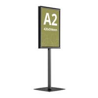 Panou informativ negru cu profil oval din aluminiu si bază metalică, format A2 (420x594mm), JJ DISPLAYS, expunere dublă față, Portrait.