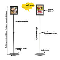 Panoul Informativ negru cu picior telescopic și ramă slide-in cu afișare dublă față, JJ DISPLAYS, format A3 (297x420mm)