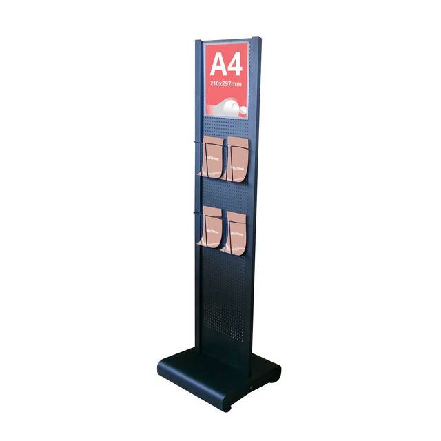  Stand expunere broșuri din metal cu 4 buzunare format 100x210mm și 1 folie magnetică A4 (210x297mm).