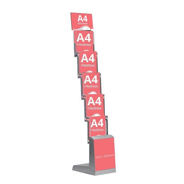 Stand/Suport zig zag pliabil pentru expunere brosuri, pliante, reviste, cu 5 buzunare format A4 210x297mm cu Header Personalizat