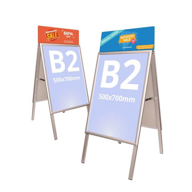 People Stopper, A-board, JJ DISPLAYS, cu Header Personalizat, profil aluminiu click 25mm, format B2 (500x700mm)