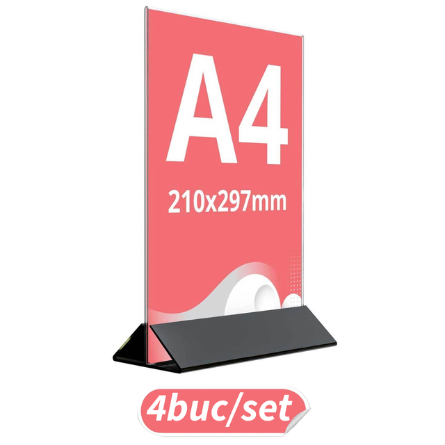 Suport meniu tip T, transparent, cu bază din plexiglas negru, A4(210x297mm), Portret, 4buc/set, JJ DISPLAYS