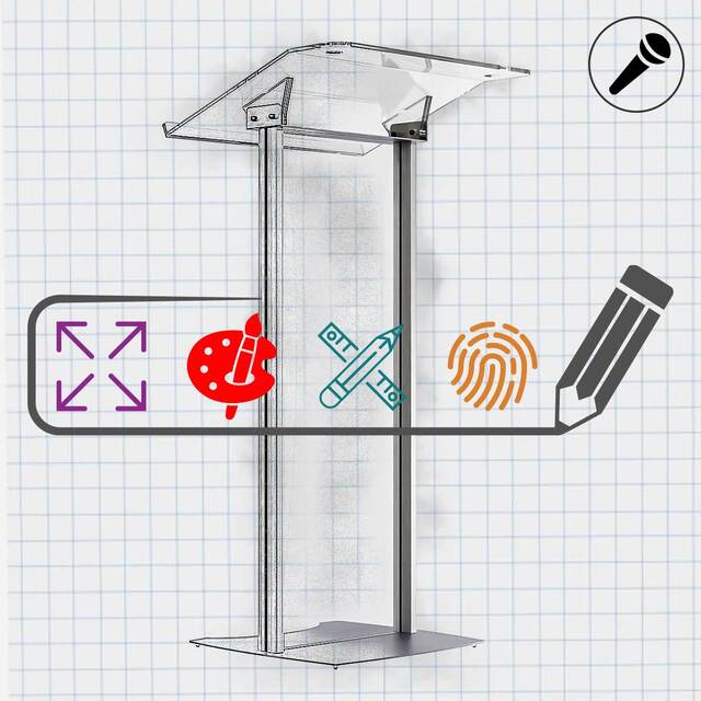 Pupitru pentru conferințe și evenimente, picioare din profil semioval, dimensiuni la cerere, JJ DISPLAYS