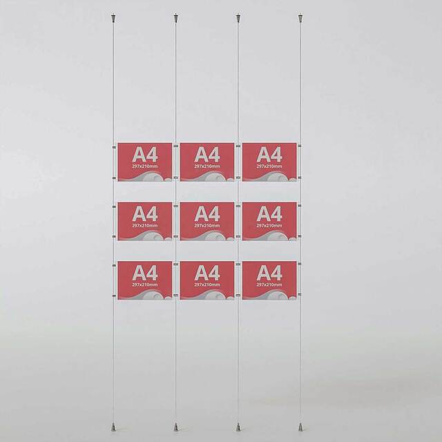 Sistem afișaj pe Cablu cu 9 display-uri din plexiglas pentru postere A4 (210x297mm), LANDSCAPE, JJ DISPLAYS