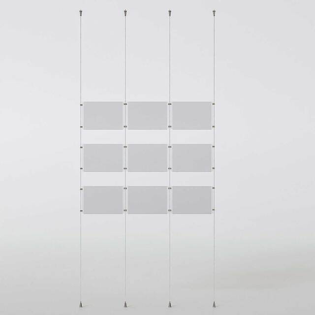 Sistem afișaj pe Cablu cu 9 display-uri din plexiglas pentru postere A4 (210x297mm), LANDSCAPE, JJ DISPLAYS