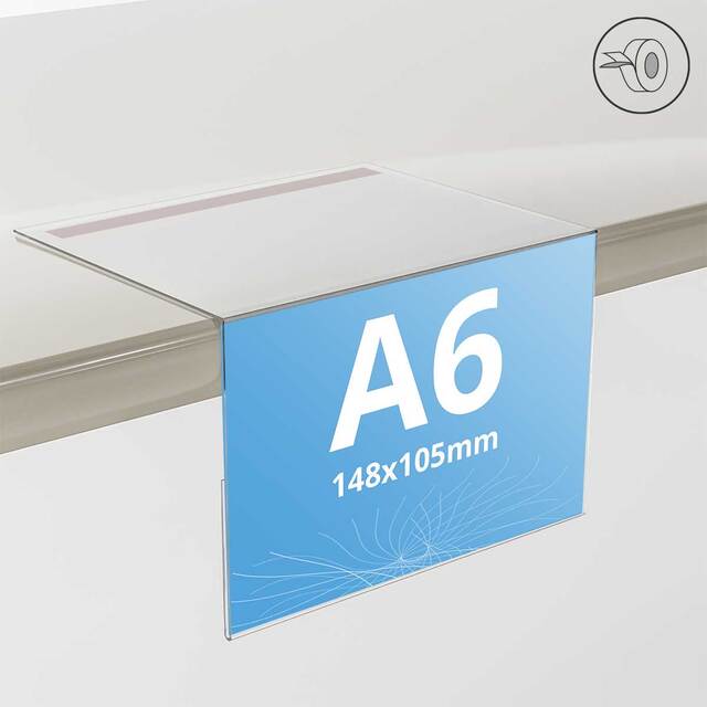  Suport etichete preț din plexiglas, cu bandă dubluadezivă, 90grade, format A6 (105x148mm), 5buc/set. JJ DISPLAYS