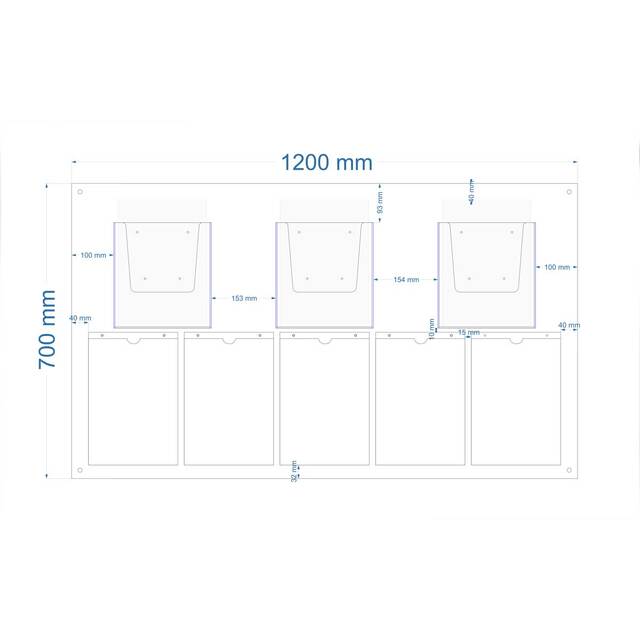 Suport broșuri de perete din plexiglas cu 3 buzunare (210x297mm) și 5 inserturi (210x297mm), format 1200x700mm, Landscape,JJ DISPLAYS