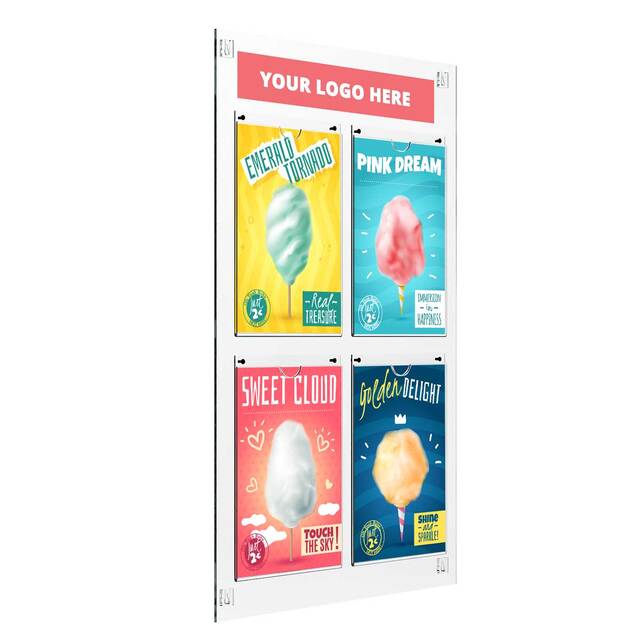 Avizier din plexiglas cu 4 inserturi tip U (210x297mm), format 514x830mm, Portrait, JJ DISPLAYS