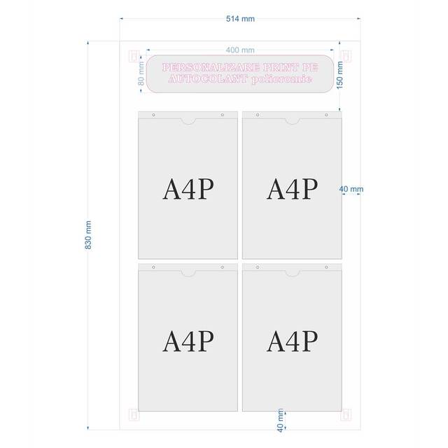 Avizier din plexiglas cu 4 inserturi tip U (210x297mm), format 514x830mm, Portrait, JJ DISPLAYS