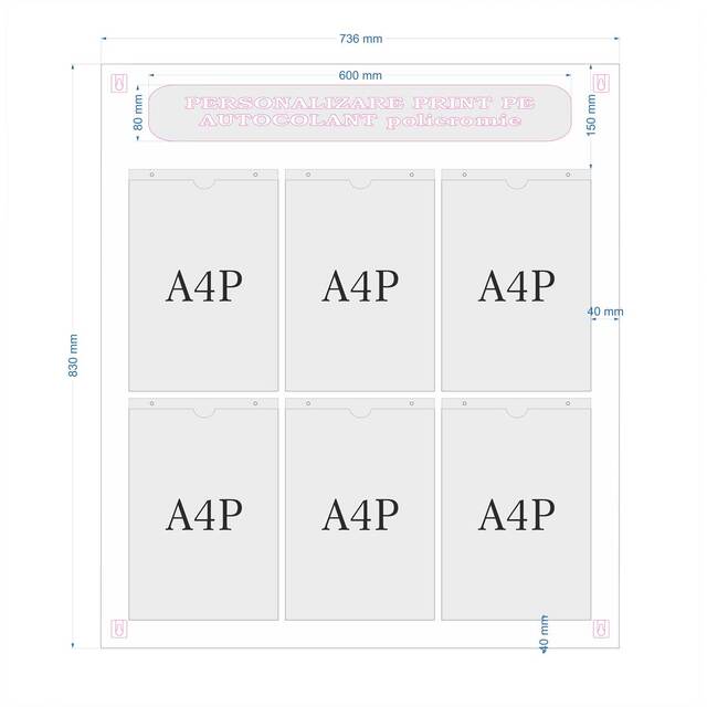 Avizier din plexiglas alb, cu 6 inserturi tip U (210x297mm), format 736x830mm, Portrait, JJ DISPLAYS