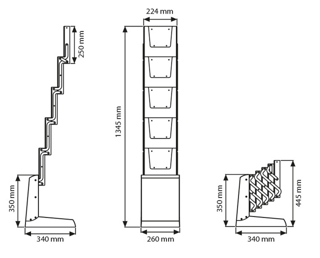 Stand/Suport zig zag pliabil PREMIUM, pentru expunere brosuri, pliante, reviste, cu 5 buzunare metalice, format A4 (210x297mm), negru.