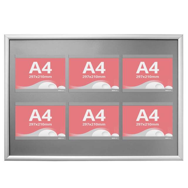 Avizier NANO Display cu ramă click, format 730x1030mm, cu 6 Nano Display-uri format A4(210 x 297 mm), landscape, JJ DISPLAYS