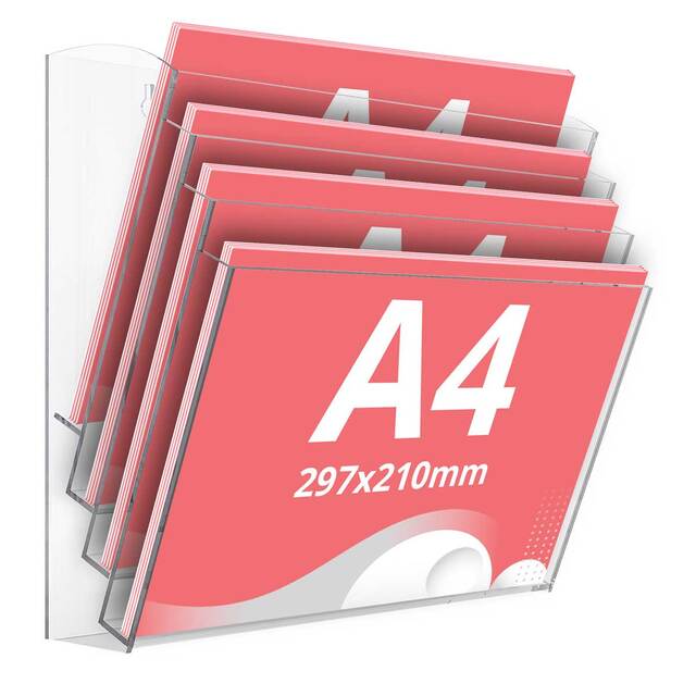 Suport de perete pentru broșuri, transparent, cu 4 buzunare format A4( 210x297mm), landscape, JJ DISPLAYS