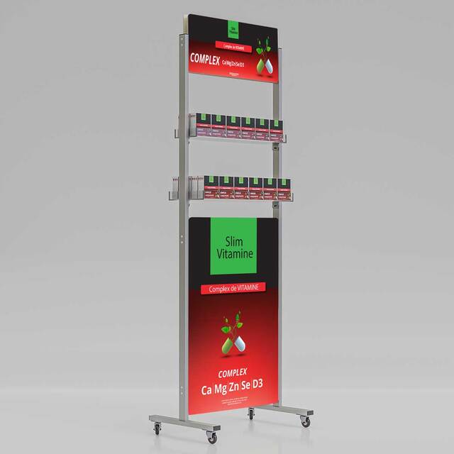 Stand mobil expunere produse cu header și postament personalizat, JJ DISPLAYS