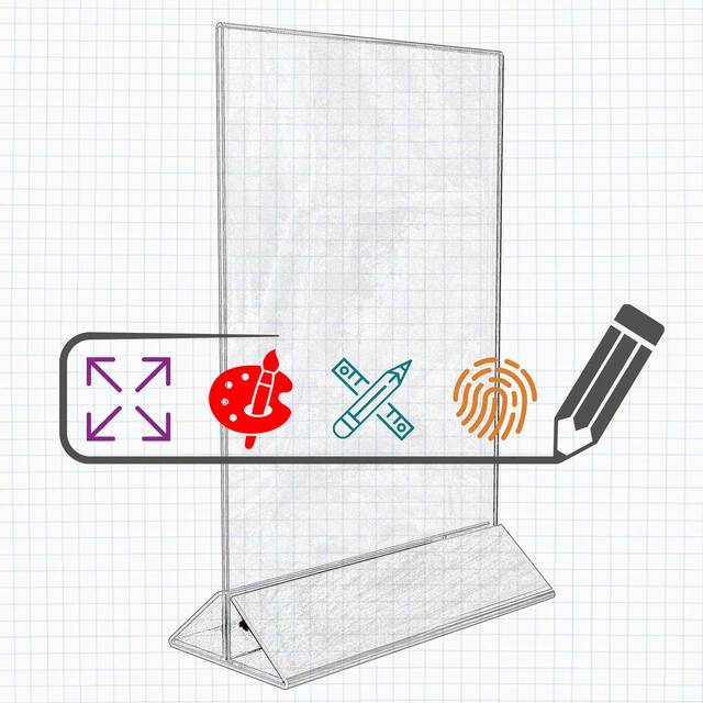 Suport meniu tip T, transparent, cu bază din plexiglas roșu, dimensiuni la cerere