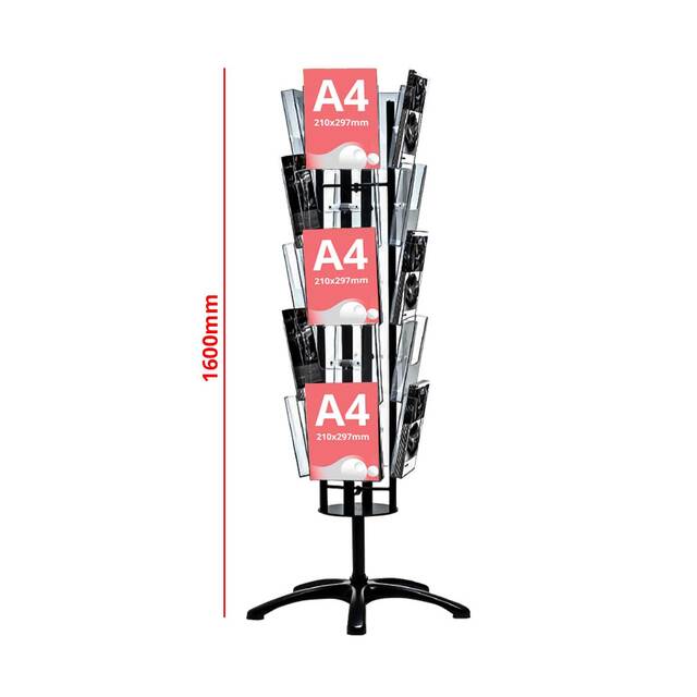 Stand Rotativ Negru, 360 grade, expunere broșuri, cu 20 buzunare format A4 (210x297 mm), Portret.