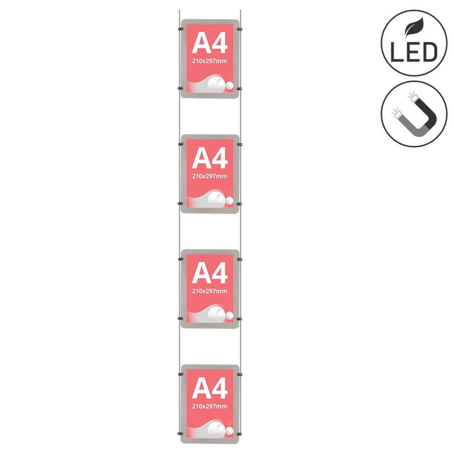 Sistem afișaj pe cablu cu 4XA4 display-uri din plexiglas, iluminate cu LED, pentru postere format  A4 (210x297mm), PORTRAIT 