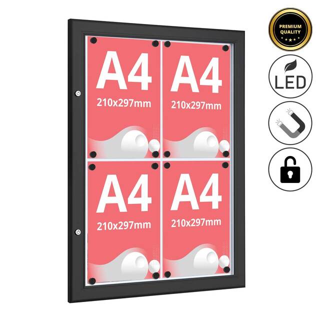 Meniu  HORECA magnetic de perete, PREMIUM, iluminat cu LED, pentru exterior, cu încuietoare, culoare neagră, format 4 x A4