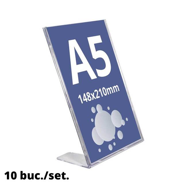 Suport meniu, Tip L, format A5 A5(148 x 210mm), din plastic transparent turnat, portrait, 10buc/set