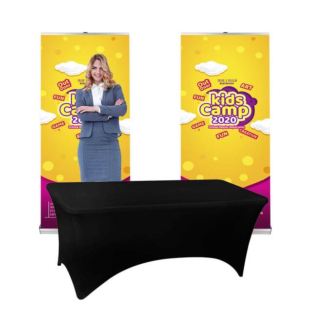 Pachet BASIC, format din 2 roll banner cu personalizare si masa pliabila dreptunghiulara cu husa  neagra