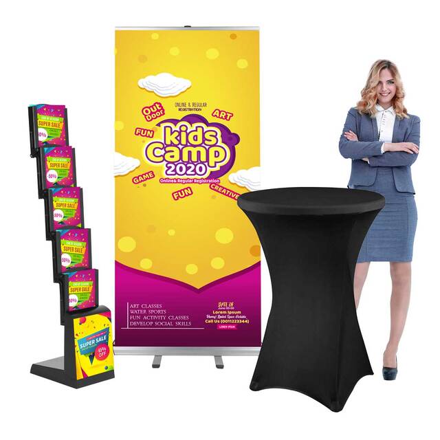 Pachet STANDARD, format din Roll Up cu personalizare , masa cocktail cu husa neagra si stand brosuri