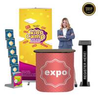 Pachet PREMIUM, din roll banner, desk cu personalizare,  stand de brosuri pliabil si stand tableta  iluminat , JJ DISPLAYS