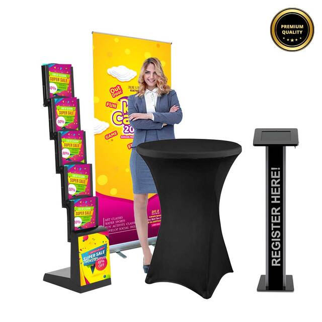 Pachet PREMIUM din RollUp, masa cocktail cu,stand brosuri si stand tableta iluminat