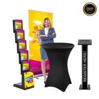 Pachet PREMIUM din Roll Up cu personalizare , masa cocktail cu husa neagra ,stand brosuri si stand tableta iluminat, JJ DISPLAYS