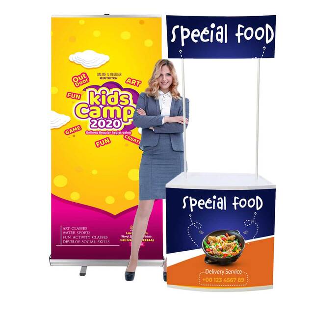 Pachet de produse BASIC, format din roll banner si masa sampling, personalizare completa