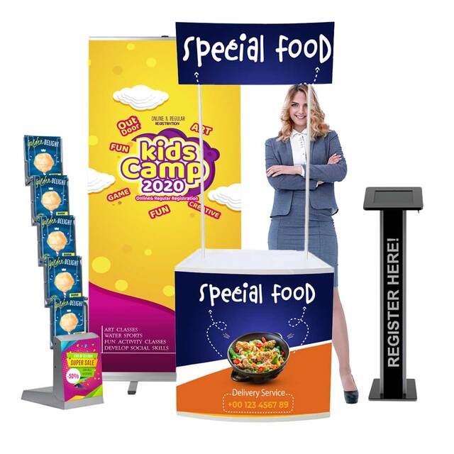 Pachet de produse PREMIUM, format din roll banner, masa sampling, stand de brosuri si stand tableta, personalizare completa