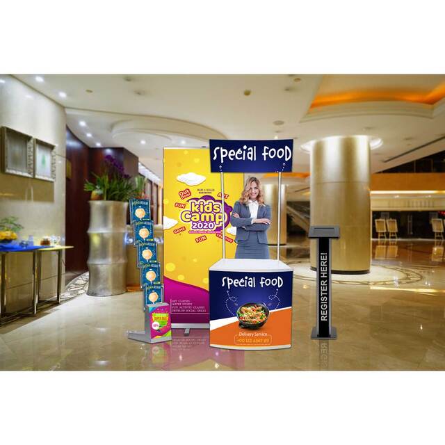 Pachet de produse PREMIUM, format din roll banner, masa sampling, stand de brosuri si stand tableta, personalizare completa