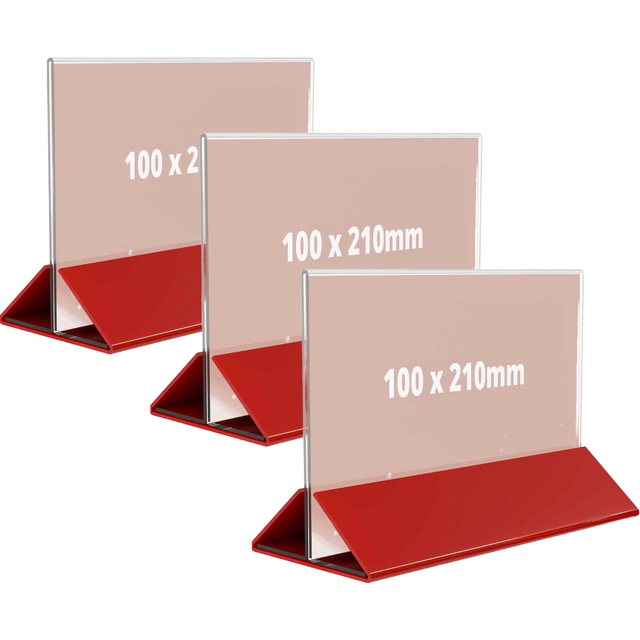Suport meniu tip T, transparent, cu bază din plexiglas roșu, format 100x210mm, Landscape, 3buc/set, JJ DISPLAYS