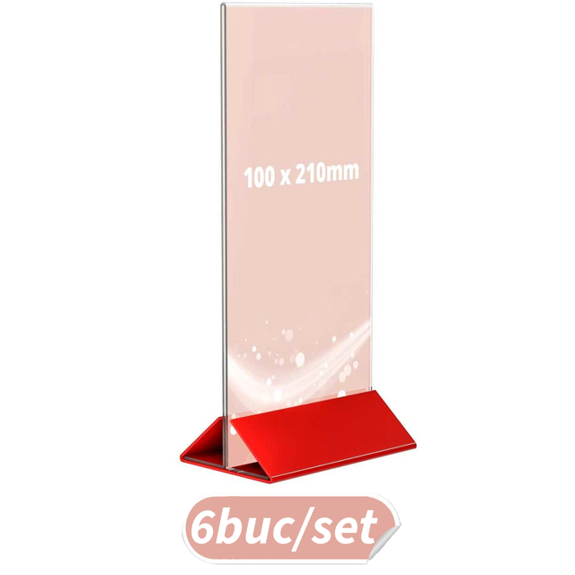 Suport meniu tip T, transparent, cu bază din plexiglas roșu, format 100x210mm, 6buc/set, JJ DISPLAYS