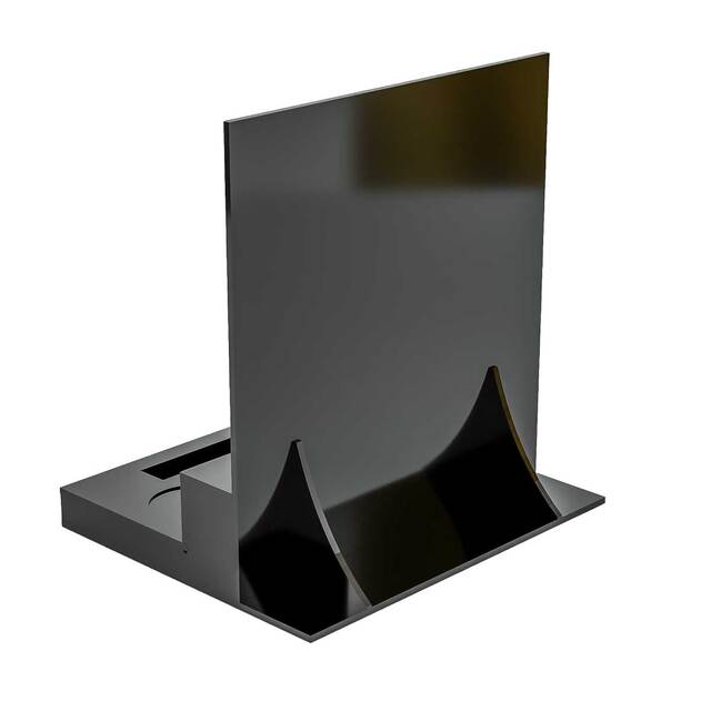 Suport expunere parfumuri din plexiglas negru , cu header personalizat 300x240 mm, JJ DISPLAYS