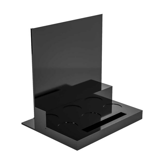 Suport expunere parfumuri din plexiglas negru , cu header personalizat 300x240 mm, JJ DISPLAYS