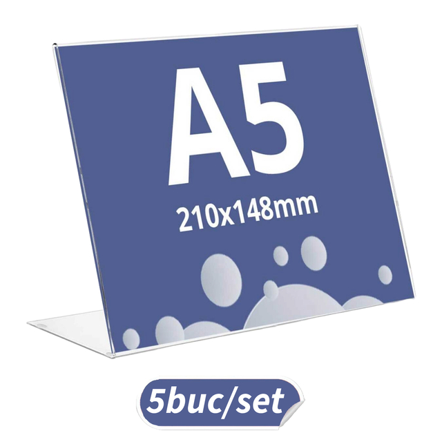 Suport meniu din plexiglas, tip L, format A5 (148x210mm), Landscape, 5buc/set, JJ DISPLAYS