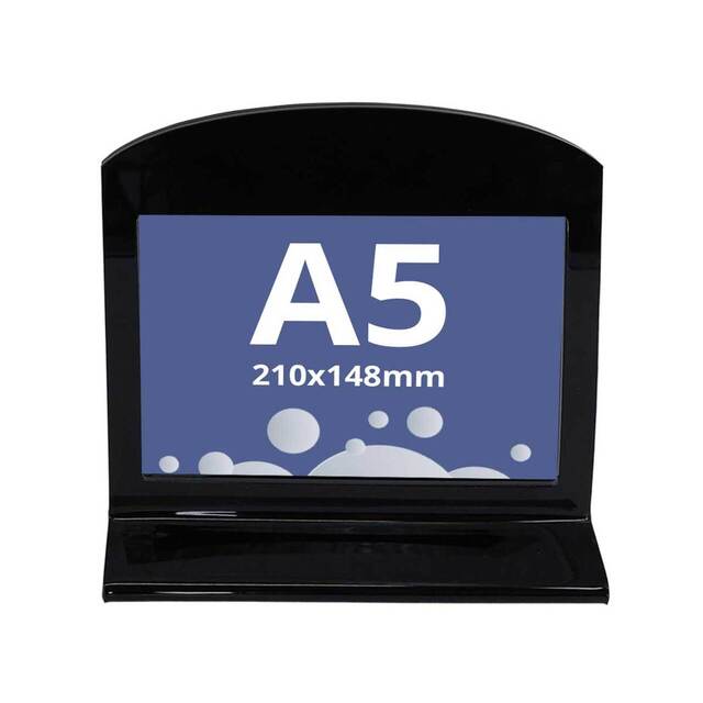 Suport meniu din plexiglas negru, pentru afișare, format A5 (148x210mm), landscape, 2buc/set, JJ DISPLAYS