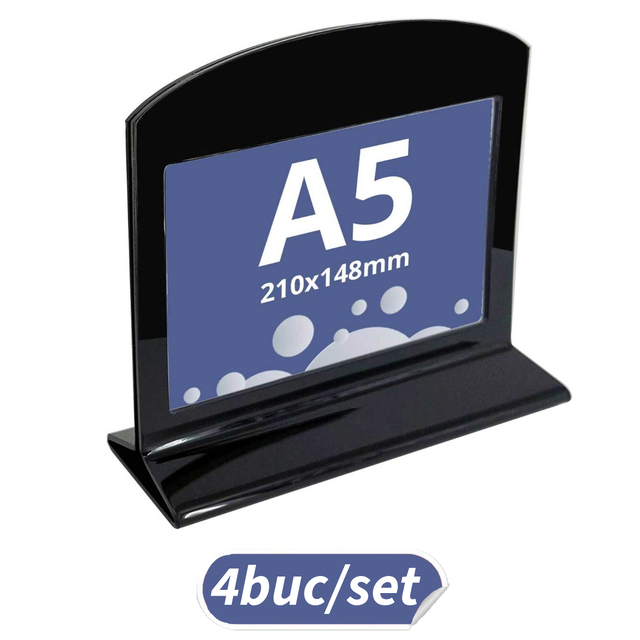 Suport meniu din plexiglas negru, pentru afișare, format A5 (148x210mm), landscape, 4buc/set, JJ DISPLAYS